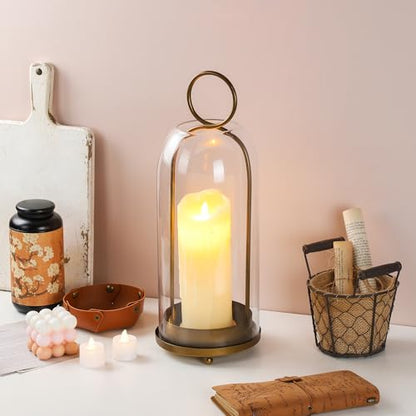 16" High Versatile Modern Metal Hurricane Lantern with Handmade Sturdy Glass Dome in Antique Brass for Pillar Candle & Plants, Industrial, Farmhouse, Shabby Chic (Brass, 6.3"x16.5") - color: Brass, size: 6.3"x16.5"