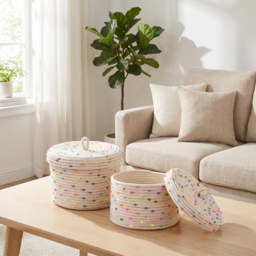 Cotton Rope Basket with Lid Set of 2, Small Basket with Lid for Storage, Woven Basket with Lids 10x8 & 8x5.5 Inches, Storage Basket with Lids for Home Organization, Beige Rainbow Pompom Decorative Bin