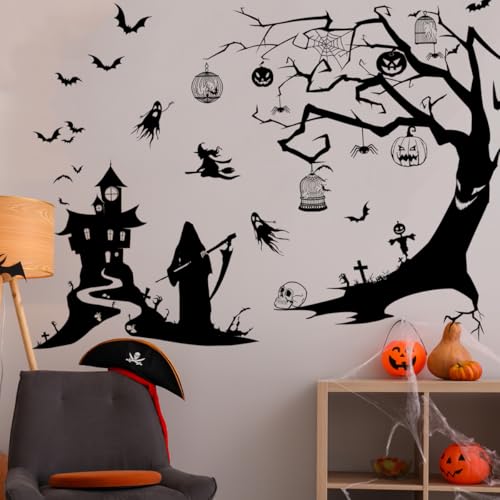 Halloween Wall Sticker Black Tree Branches Wall Decal Peel and Stick Horror Bat Wall Decor Halloween Castle Ghost Wall Stickers for Living Room