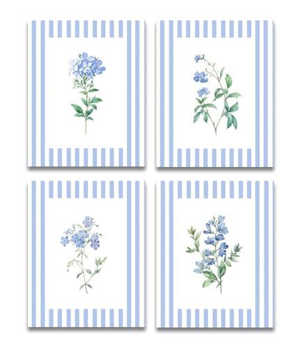 BWDDWB Blue Floral wall art Vintage Blue and White Striped Floral Rustic Cottagecore Botanical Posters Canvas Prints Pictures for Home Bedroom Living Room Girls Dorm Wall Decor 12x16 Unframed - color: Blue Floral, size: 16"L x 12"W