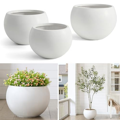 19.3"Dia x 13"H Large Fiberstone Sphere Planter, White Round Pot - color: White, size: Large
