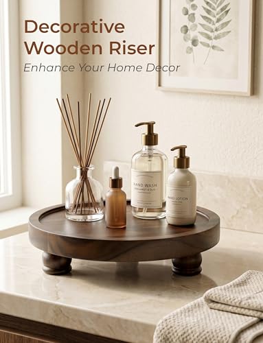 Demigo Acacia Wood Round Tray, 10 in Pedestal Riser Stand, Dark Brown - color: Dark Brown