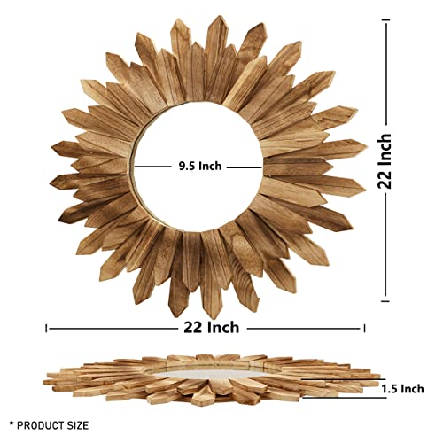 LOSOUR 2 Pack 22 Inch Boho Wall Sunburst Mirror Rustic Round Wood Decorative Mirror Boho Wall Art Decor for Entryway Bedroom Living Room