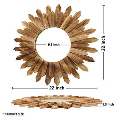 LOSOUR 2 Pack 22 Inch Boho Wall Sunburst Mirror Rustic Round Wood Decorative Mirror Boho Wall Art Decor for Entryway Bedroom Living Room