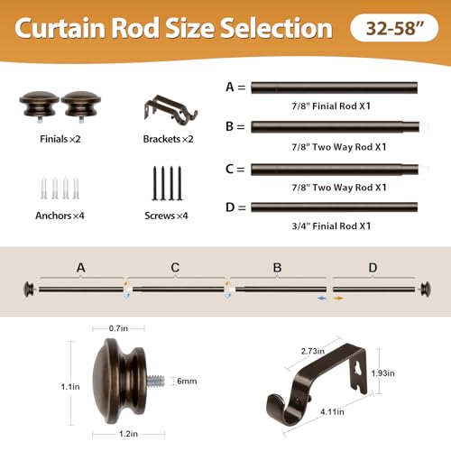 TONIAL Bronze Curtain Rods for Windows 2 Pack, 32 to 58 Inch, Drapery Rod - color: Bronze, size: 32-58"(2 Pack)