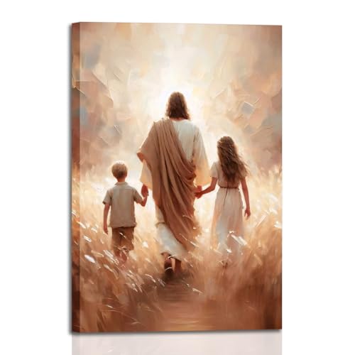 Framed Jesus and The Children's Wall Art Bible Stories Walking With Jesus Painting Picture Wall Decor Christian Poster Print Artwork for Boys and Girls Bedroom Church Living Room Nursery 16x24in - color: Jesus Children, size: 16"L x 24"W