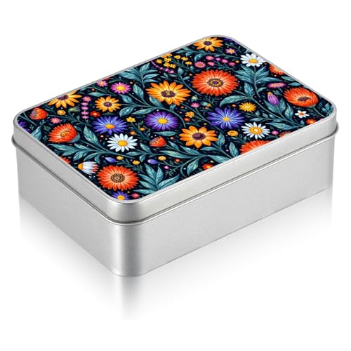 Small Metal Tin Box with Lid, Rectangular Silver Metal Storage Container, 4.92"×3.54"×1.57" Gift Decorative Empty Box, Colorful Floral - color: Colorful Floral, size: Small(4.92"×3.54"×1.57")