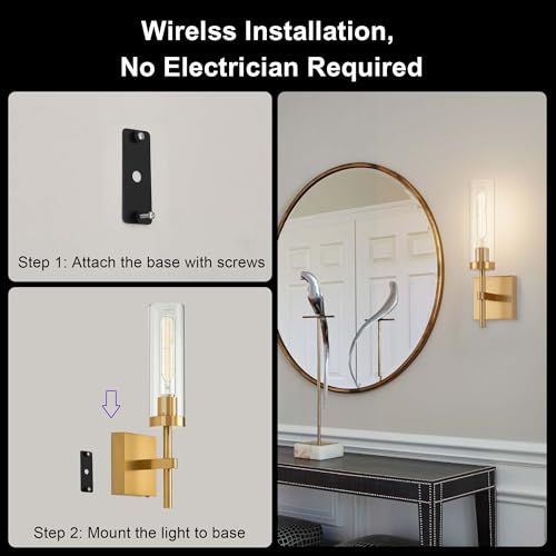 Gold Battery Operated Wall Sconce Set of 2, Wireless Wall Sconces with Remote Control, Rechargeable LED Dimmable Wall Light for Bedroom Bathroom Hallway Living room Entryway Stairwell, 3000K - color: Gold & Clear Glass, size: Battery 16 Inch