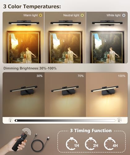 12.6 Inch Black Battery Operated Picture Light with Remote - color: Black, size: 12.6 In