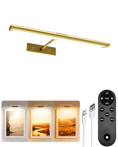 EZVALO Picture Light for Wall, 4800mAh Rechargeable Wireless Remote, 13'' Dimmable Magnetic LED Art Display Light with 3 Color Temperatures, for Gallery, Living Room, Bedroom, Hallway (Gold) - color: Gold, size: 13inch