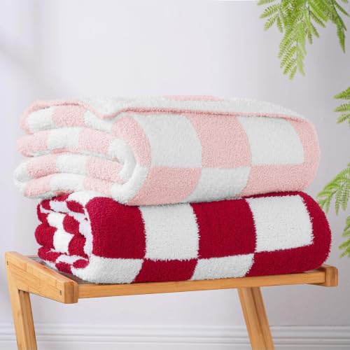 Exclusivo Mezcla Checkered Knit Blanket Twin Size for Bed, Pink - color: Pink, size: Twin (60"x80")
