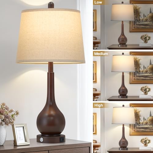 26" Brown Table Lamp Single, Touch Control Bedside Lamp for Bedroom Nightstand, 3-Way Dimmable Farmhouse Lamp for Living Room with Charging Port (1 Pack) - color: Brown - 26"H - 1 Pack