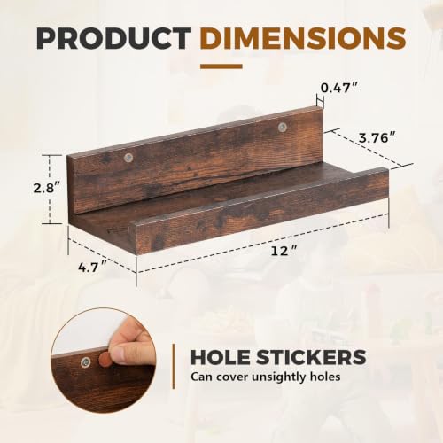 Muzilife 12" Small Floating Shelves Wood Wall Shelf with Lip, 4Pcs, Brown - color: Walnut Brown, size: 12"-4pcs