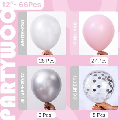 PartyWoo Pink White and Silver Balloons 66pcs 12 Inch Pink White Balloons - color: Pink, White, Metallic Silver