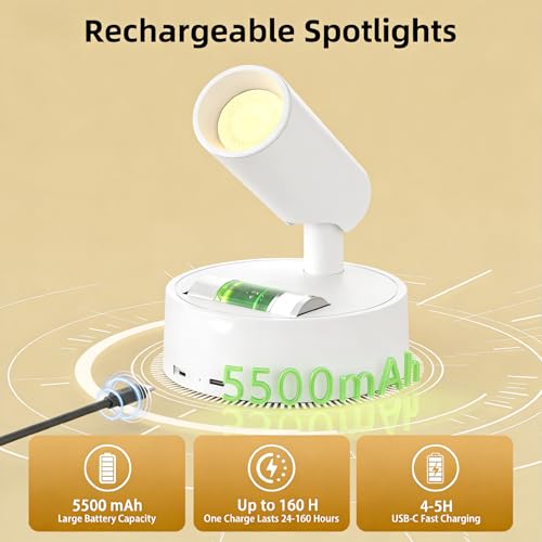 Spot Lights Indoor 5500mAh with Timer, Plant Spot Light Indoor with Remote & 3CCT Dimmable, LED Display Lights Picture Lights for Young, Adults, Women, Tenants, White(2 Pack) - color: 2 x White