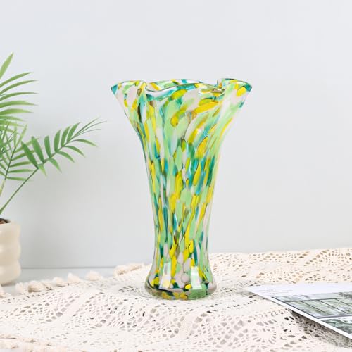 9.0" H Green Glass Vases for Flower, Unique Hand Blown Glass Vase - color: Green