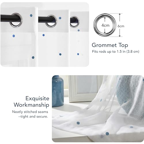 Deconovo Embroidered White Sheer Curtains for Bedroom, Grommet Top, Set of 2, 52W x 84L in per Panel, White Sheer Panels with Sky Blue mini dots Embroidery - color: Embroidery Dots/Blue, size: 52"W x 84"L (Pack of 2)