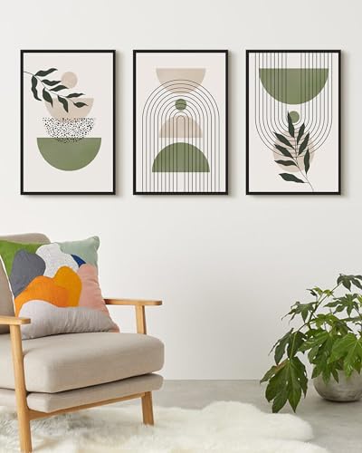 Drsoum Large 16x24in Green Botanical Boho Wall Art Framed Modern Sage Bohemian Wall Decor Abstract Geometry Lines Prints Ready to Hang Black Framed - color: Green Bohemain, size: 16" x24" x3pcs, Black Framed