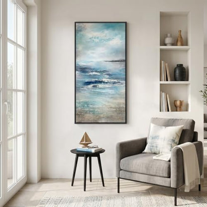 Framed Abstract Coastal Ocean Wall Art, Blue Vertical Art Print, 20x40 Inch - color: Blue White, size: 40"L x 20"W