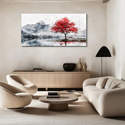 MHARTK66 Large Red Tree Mountain Canvas Wall Art for Living Room,24x48 Inch - color: Red Tree, size: 48"L x 24"W