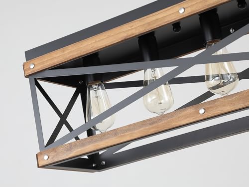Rustic Farmhouse Plug in Kitchen Island Lighting, 5 Lights Rectangular Pendant Light Fixture with Adjustable Chain, Dimmable Switch, Oak Wood and Metal Linear Chandelier for Dining Room Home, Black - size: Large 5-Light Hanging Lamp