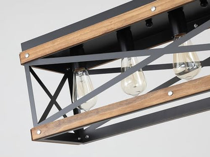 Rustic Farmhouse Plug in Kitchen Island Lighting, 5 Lights Rectangular Pendant Light Fixture with Adjustable Chain, Dimmable Switch, Oak Wood and Metal Linear Chandelier for Dining Room Home, Black - size: Large 5-Light Hanging Lamp