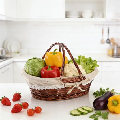 Dicunoy Wicker Basket with Handle, Picnic Baskets with Liner, Empty Gift Gardening Baskets for Harvesting, Willow Organizer Storage Basket for Fruit, Candy, Wine, Gathering, Wedding