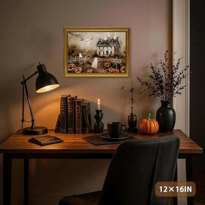AVECCO Halloween Haunted Pumpkin House Ghost Wall Art Framed Canvas 8x10 in - color: Castle, size: 10"L x 8"W