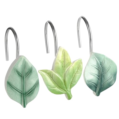 Green Plant Leaf Shower Curtain Hooks,Eucalyptus Bathroom Decor,12PCS - color: Green