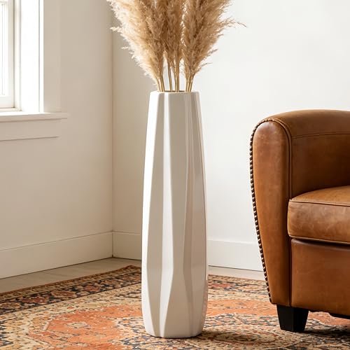 White Tall Ceramic Floor Vase, 28 Inch, Faceted Design, Large Decor - color: 5-stripes, size: Height-28 Inch