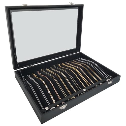 15 Hook Necklace Storage Box with Dustproof Transparent Glass Lid - color: Black-15 necklaces