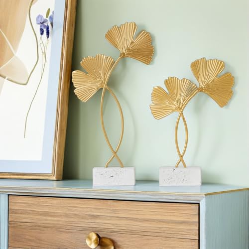 Cabilock 2Pcs Ginkgo Leaf Decor Metal Sculptures with Wood Base Nordic Gingko Leaf Adorns for Desktop Home D Cor Accents Living Room Bedroom Office