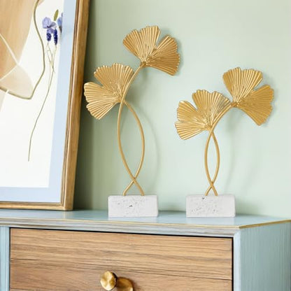 Cabilock 2Pcs Ginkgo Leaf Decor Metal Sculptures with Wood Base Nordic Gingko Leaf Adorns for Desktop Home D Cor Accents Living Room Bedroom Office