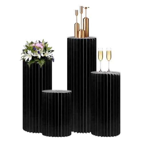 4Pack Cylinder Stands for Party, Foldable Cardboard Columns with 4 Clear Round Top Plates, Cake Display Pedestal Stand for Wedding Banquet Vendor Events Decorative (Black) - color: Black