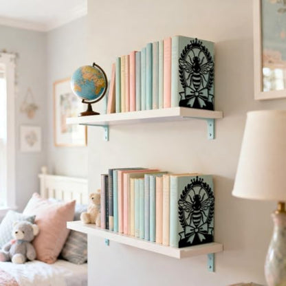 Peacoblue 5.3"x4.3"x7.9" Metal Bookends, Heavy Duty Book Ends for Shelves - style: Bee with Laurel Wreath