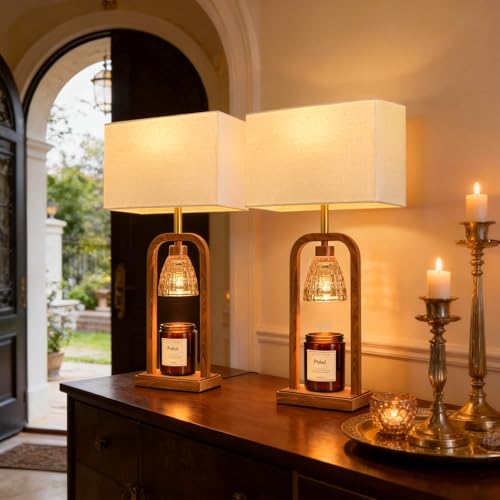PoKat Electric Candle Warmer Lamps Gold, Lamp Candle Warmers with Timer Dimmer, Wax Light Warming Table Lamps Set of 2 for Jar Candles, Modern Bedside Lamp for Home Decor Living Room, Bulb Included - color: Set of 2 - Oak Wood With Wood-print Finish