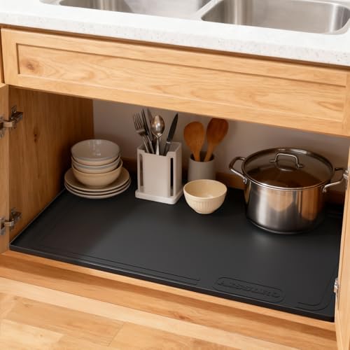 Under Sink Mat 34" X 22", Waterproof Silicone Cabinet Kitchen Liner, Black - color: Black, size: 22"W x 34"L