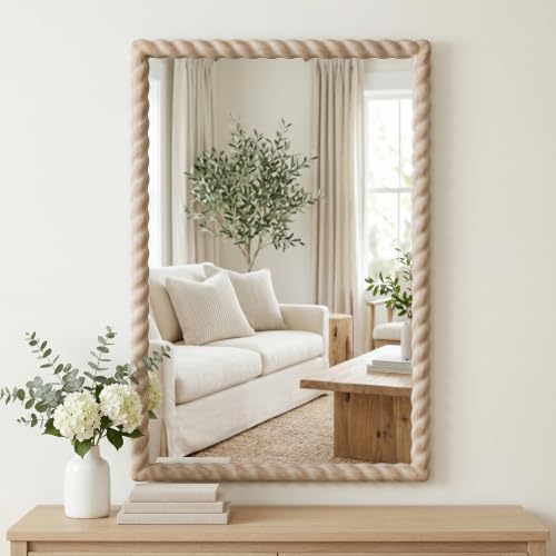 36"x24" Rectangular Solid Wood Farmhouse Decorative Wall Mirror - color: Natural Color, size: 36"L x 24"W