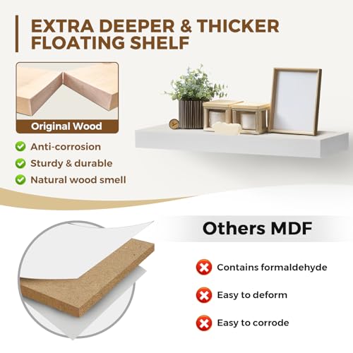 Solid Wood Floating Shelves, 24 Inch Wall Shelves, Set of 2, White - color: White, size: 24x8x1.6