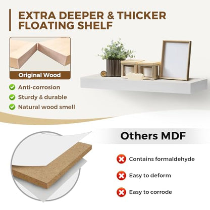 Solid Wood Floating Shelves, 24 Inch Wall Shelves, Set of 2, White - color: White, size: 24x8x1.6