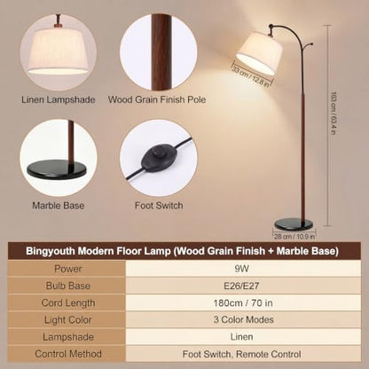 Floor Lamp, 9W 850lm Smart LED Arch Floor Lamp - Marble Base - color: Wood Grain + Marble Base
