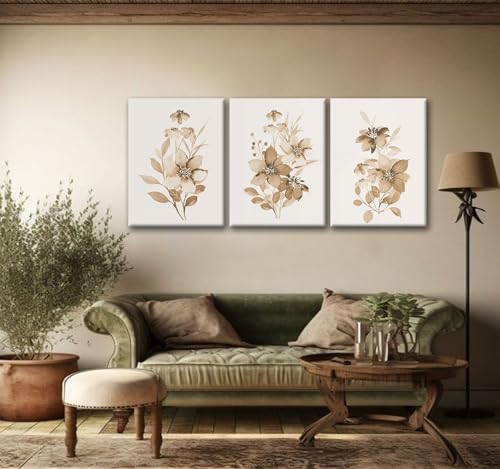 Neutral Botanical Canvas Wall Art Set of 3, Beige Floral Prints, 16x24 - color: monochrome flowers and plants, size: 16x24 inch