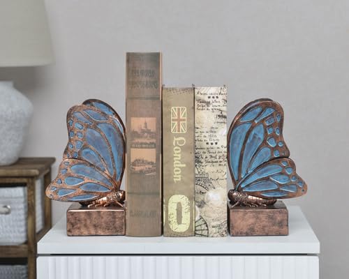 Vintage Blue Butterfly Bookends,Resin Book Ends for Shelves,Heavy Duty Decorative Bookends,Creative Book Stopper Holder Decor for Desk Home Office,Shelf Decoration,Gifts for Mother's Day - color: Copper Blue