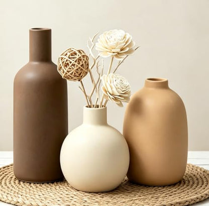 Large Ceramic Vase Set of 3, Brown Rustic Vases Home Decor Waterproof - color: 3pcs-neutral Large