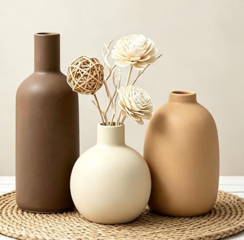 Large Ceramic Vase Set of 3, Brown Rustic Vases Home Decor Waterproof - color: 3pcs-neutral Large