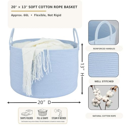 XUANGUO 66L Large Blanket Basket, Round Cotton Rope Basket, Blue - color: blue
