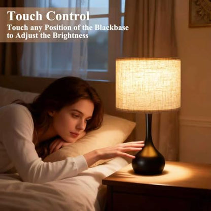 ONEWISH Touch Bedside Lamp for Bedroom, 3-Way Dimmable Table Lamps for Nightstand with Cylindrical Fabric Shade, Desk Lamp for Living Room, End Tables, Home Office - color: Beige Linen Drum Shade & Black Base