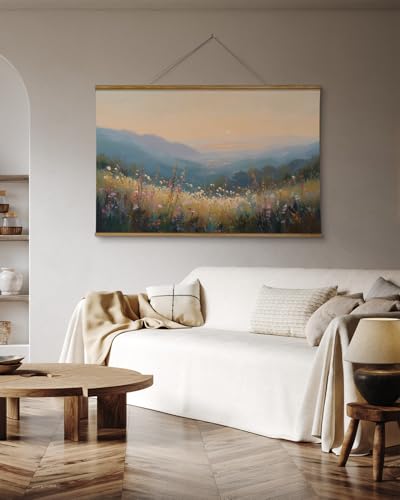 VIYYIEA Extra Large Canvas Wall Art - Sunset Mountain Landscape, 36x54 Inch - color: Sunlit Hills Beyond the Blooming Flowers