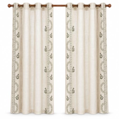 Beige linen blend brown embroidery Floral Grommet Curtains 55X83", 2 Panels - color: Grass Greenn, size: 55"W x 83"L (Pack of 2)
