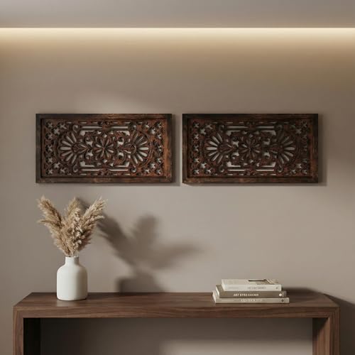 Wood Wall Art Panels, Hand Carved 12x24" Set of 2, Burnt Brown Cutwork - color: Burnt Brown, size: 24"L x 12" W - Flower